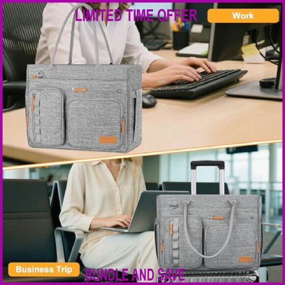 Large USB Charging Tote Bag with Laptop Sleeve for Work & Travel - Picture 4 of 8